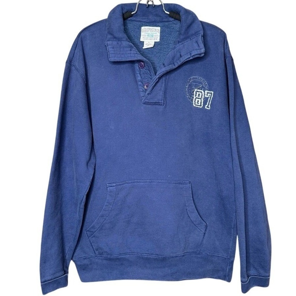Vtg Y2K Aeropostale Embroidered Pullover Men Large Cowl Neck Preppy Blue Sweater